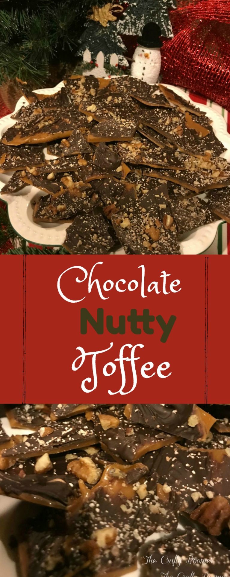 A hard but chewy caramel colored candy, with chocolate and nuts added.