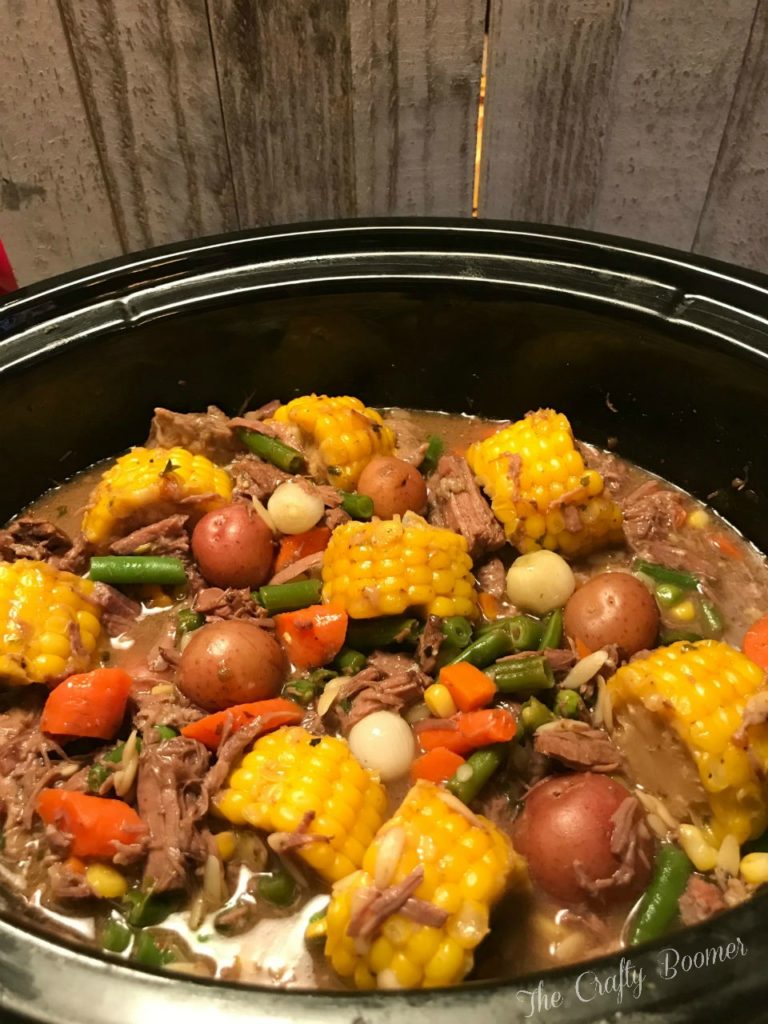 Cuts of beef cooked slowly over several hours in a beef broth and lots of root vegetables.