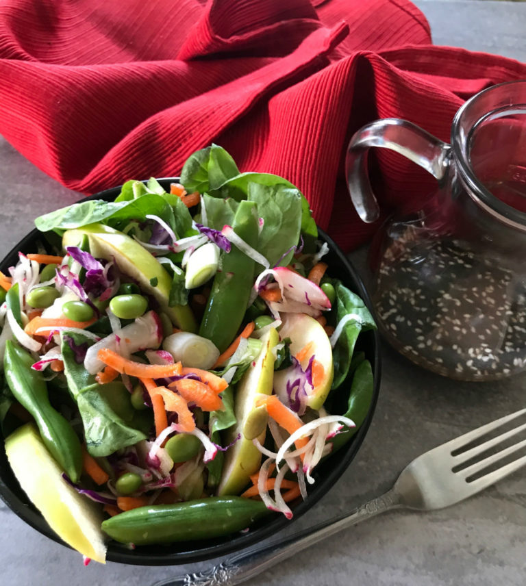 The spinach oriental salad is a full body salad that can be used as an accompaniment or a main course.