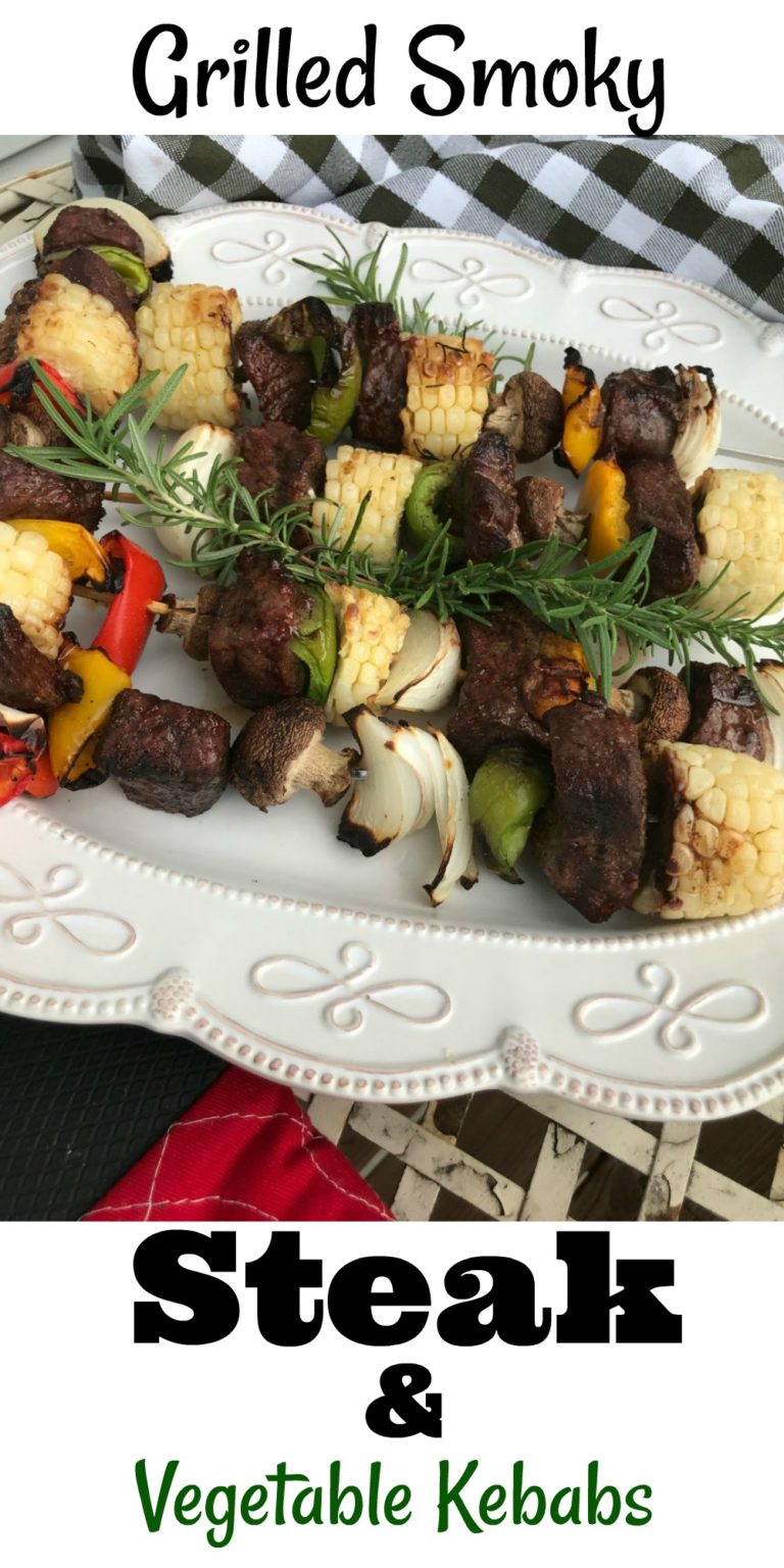 Grilled Smoky Steak Vegetable Kebabs are the center of a perfect meal. A marinade adds flavor to these grilled to perfection kebabs.