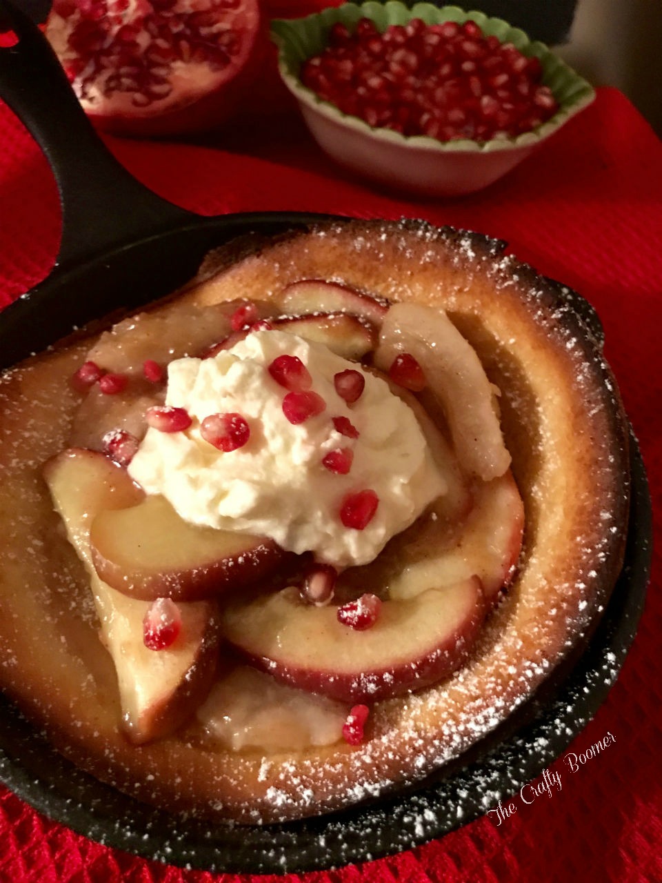 This Dutch baby can make any meal special, it's quick and easy to make. The Apple Pomegranate Dutch Baby can be eaten for brunch, breakfast, dinner or dessert.