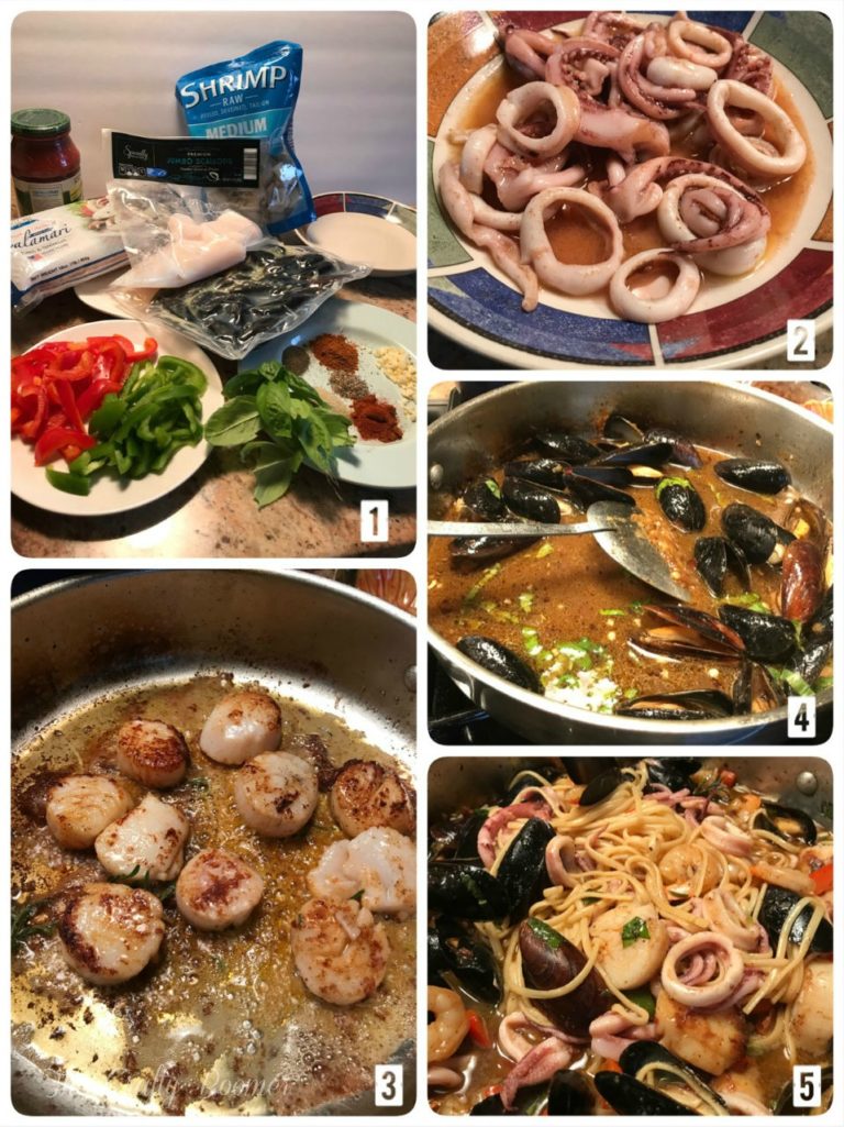 Costal Seafood Linguine is a savory pasta dish laced with squids, shrimp, scallops and mussels makes for a comforting meal. French bread for dunking in the sauce are all you need to serve on the side.